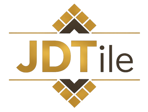 Logo of JDTile with gold and black design elements on a white background