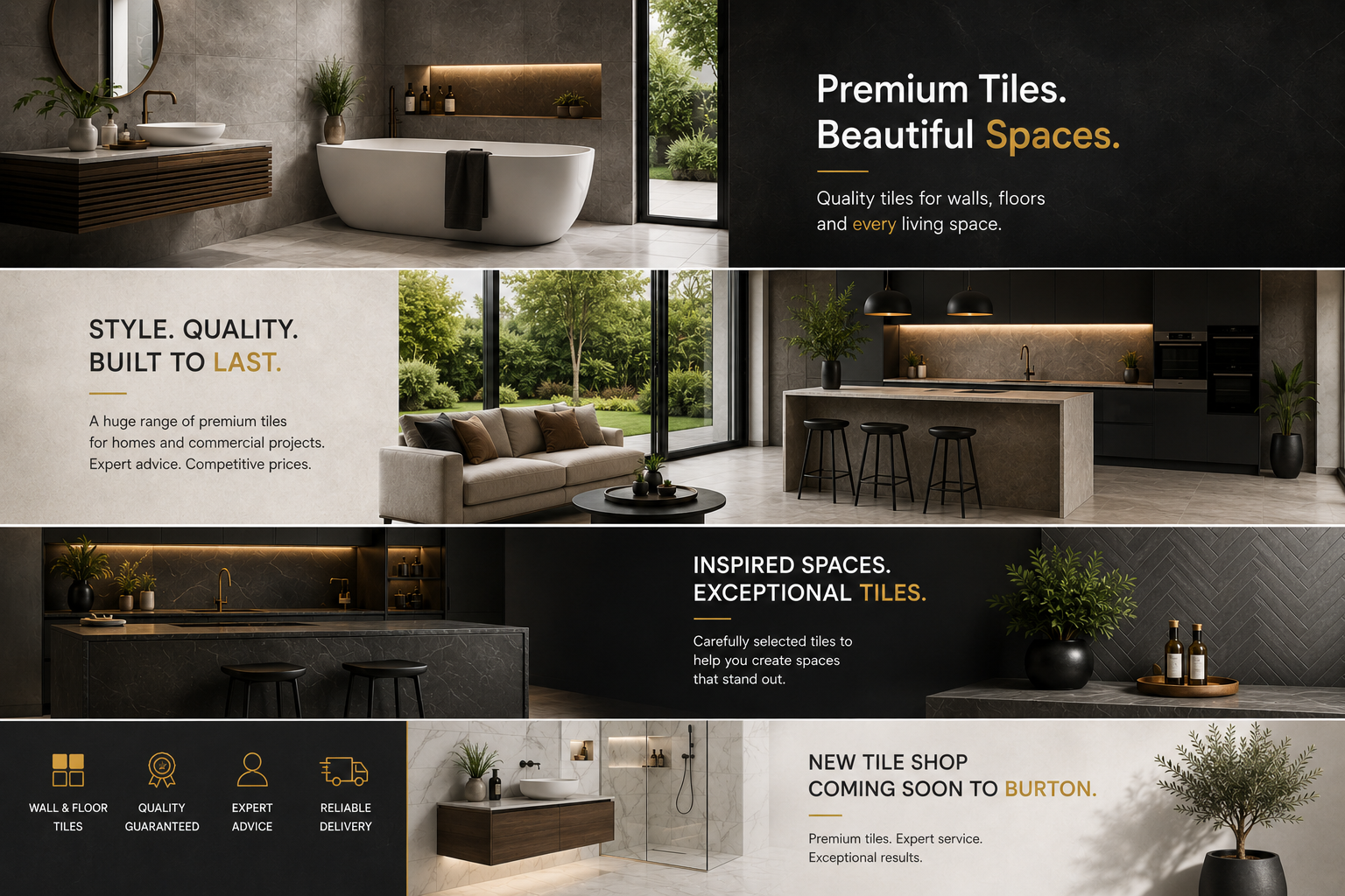 Advertisement for premium tiles with images of a bathroom, living room, and kitchen. Opening soon in Burton.